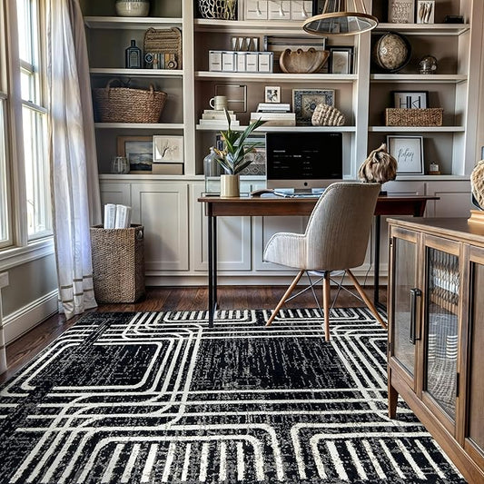 Rugshop Black and White Geometric Area Rug – Abstract Curved Line and Square Pattern Carpet for Living Room, Bedroom, or Office – Contemporary Soft Floor Décor 4' x 6' Black