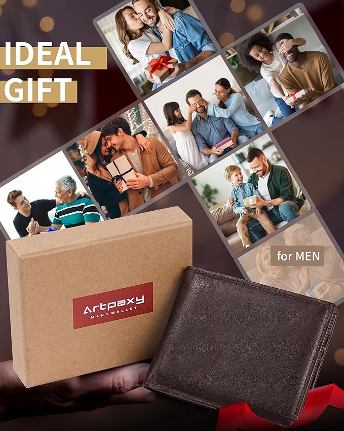 Artpaxy Mens Wallet Bifold Genuine Leather RFID Blocking Wallet for Men with 2 ID Windows 12 Card Holders 2 cash pockets 1 Gift Box