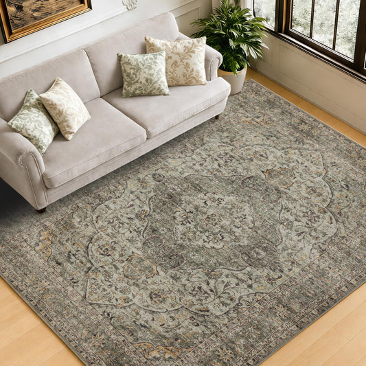 RCTJHOME 5x7 Washable Vintage Area Rugs, Double Non-Slip Low Pile Rug Taupe