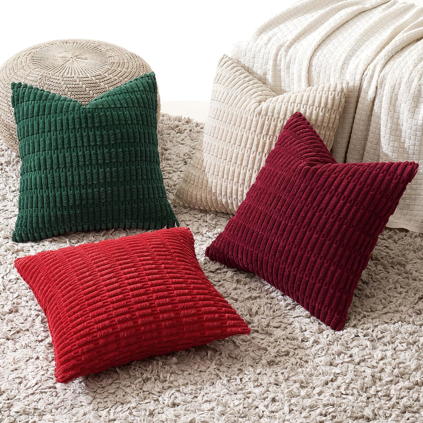 MIULEE Pack of 4 Christmas Boho Farmhouse Red and Green Corduroy Decorative Throw Pillow Covers 18x18 Inch Retro Soft Striped Pillow Covers Home Decor for Sofa Living Room Couch Bed