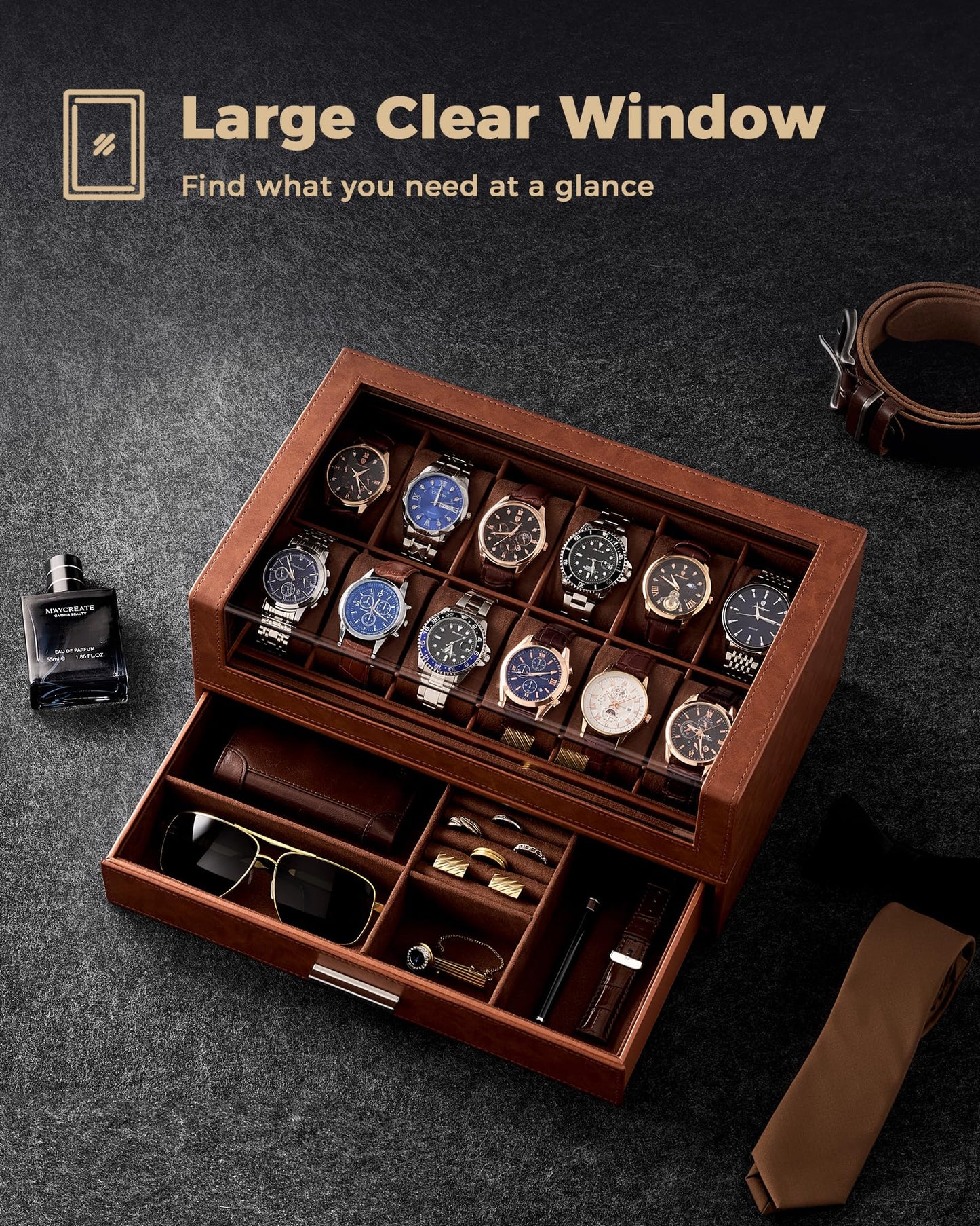 ProCase Watch Box for Men, 12 Slots Watch Display Holder with Clear Acrylic Top, Large Capacity PU Leather Case with Drawer Organizer, Jewelry Storage, Ideal Fathers Day Gift for Dad -Brown