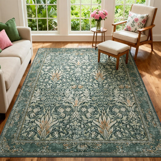 WEZVIX Vintage Floral 5x7 Area Rug,Soft Non-Slip Machine Washable Rug for Living Room Bedroom,Stain Resistant Carpets for Dining Room Farmhouse Nursery Home Office