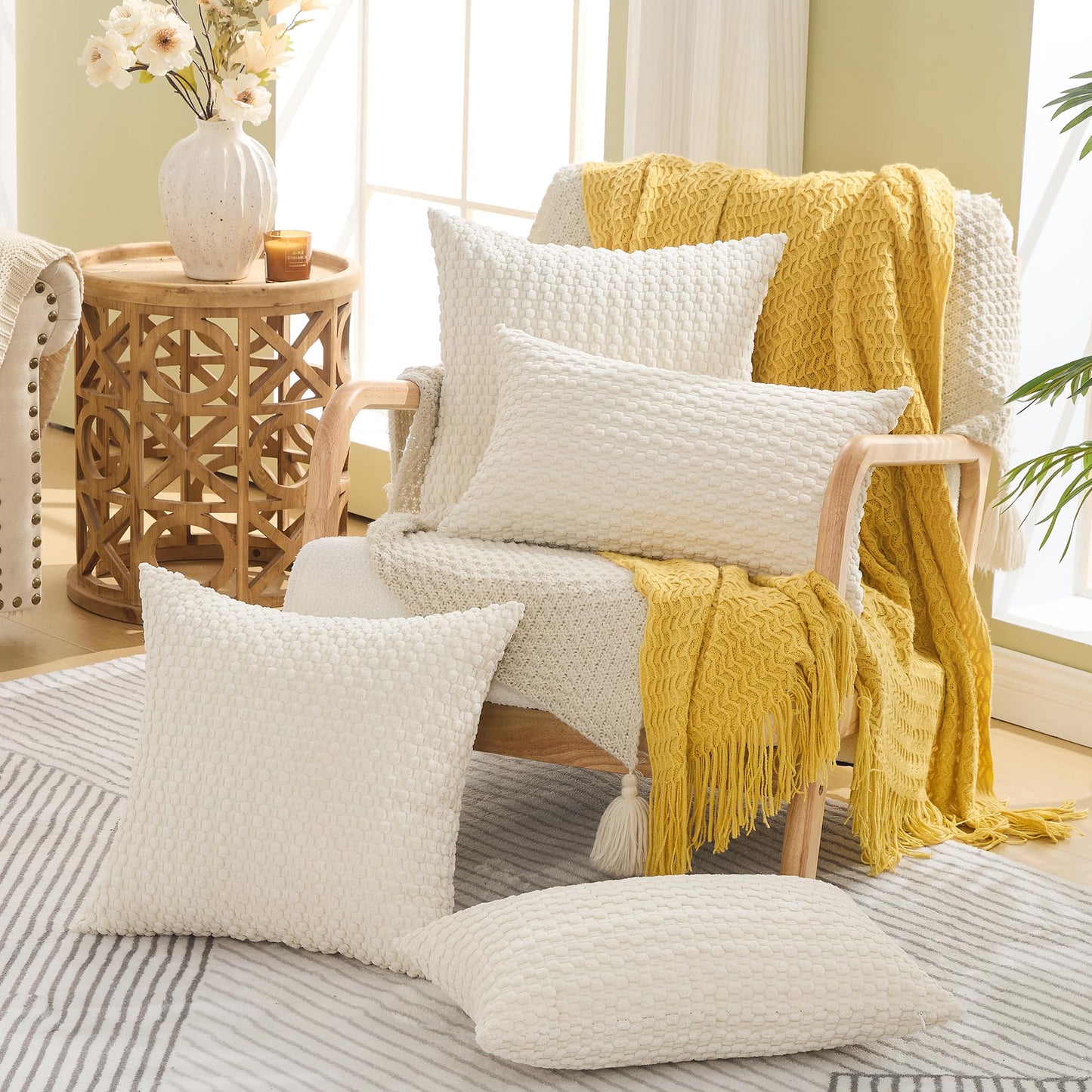 GAWAMAY Decorative Throw Pillow Covers 24x24 Inch Set of 2 for Living Room Couch Bed Sofa, Farmhouse Square Cushion Cover Soft Striped Corduroy Pillow Cases Boho Home Decor (60x60cm) Cream White