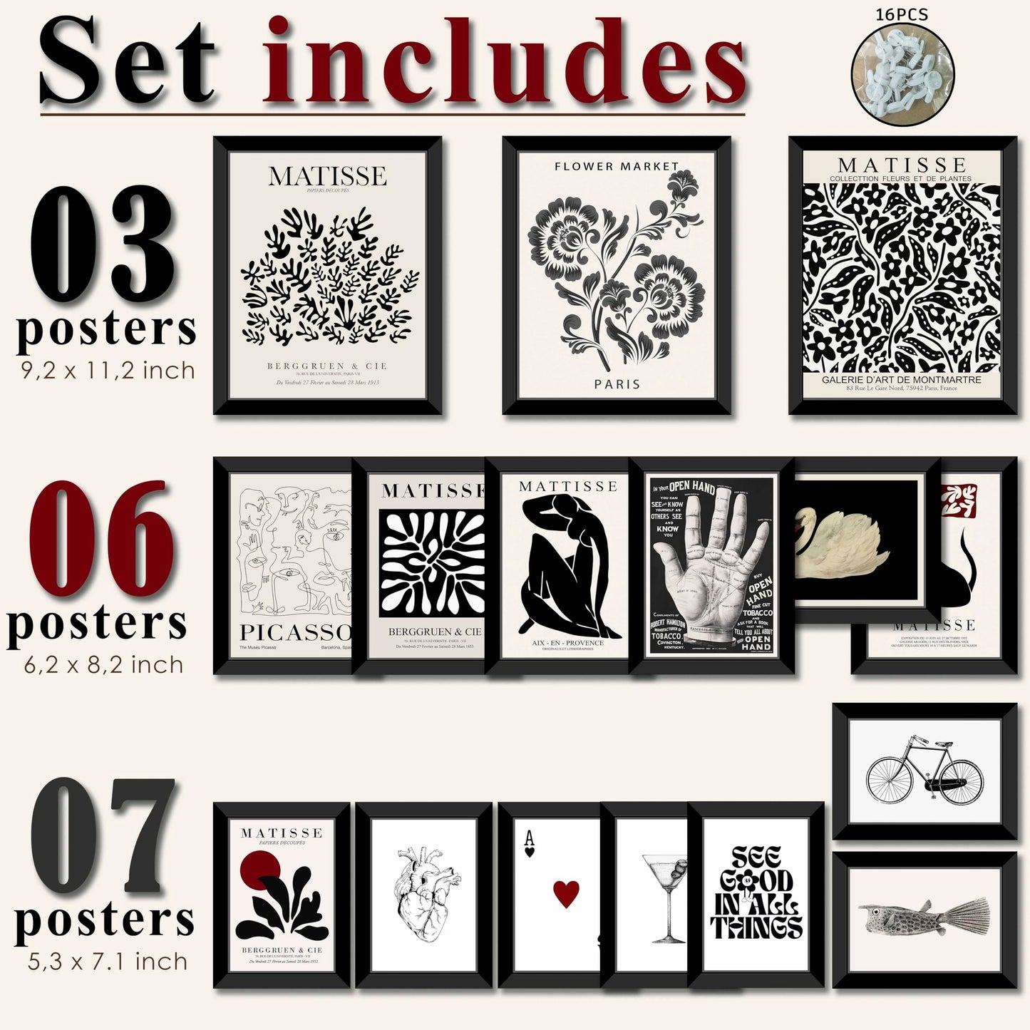 LANCHI95 16 PCS FRAMED Black and White Home Decor, Eclectic Wall Art, Minimalist Posters for Living Room Aesthetic, Matisse Abstract Gallery Wall Prints for Bedroom, Collage Kit Pictures (Black Eclectic 1)