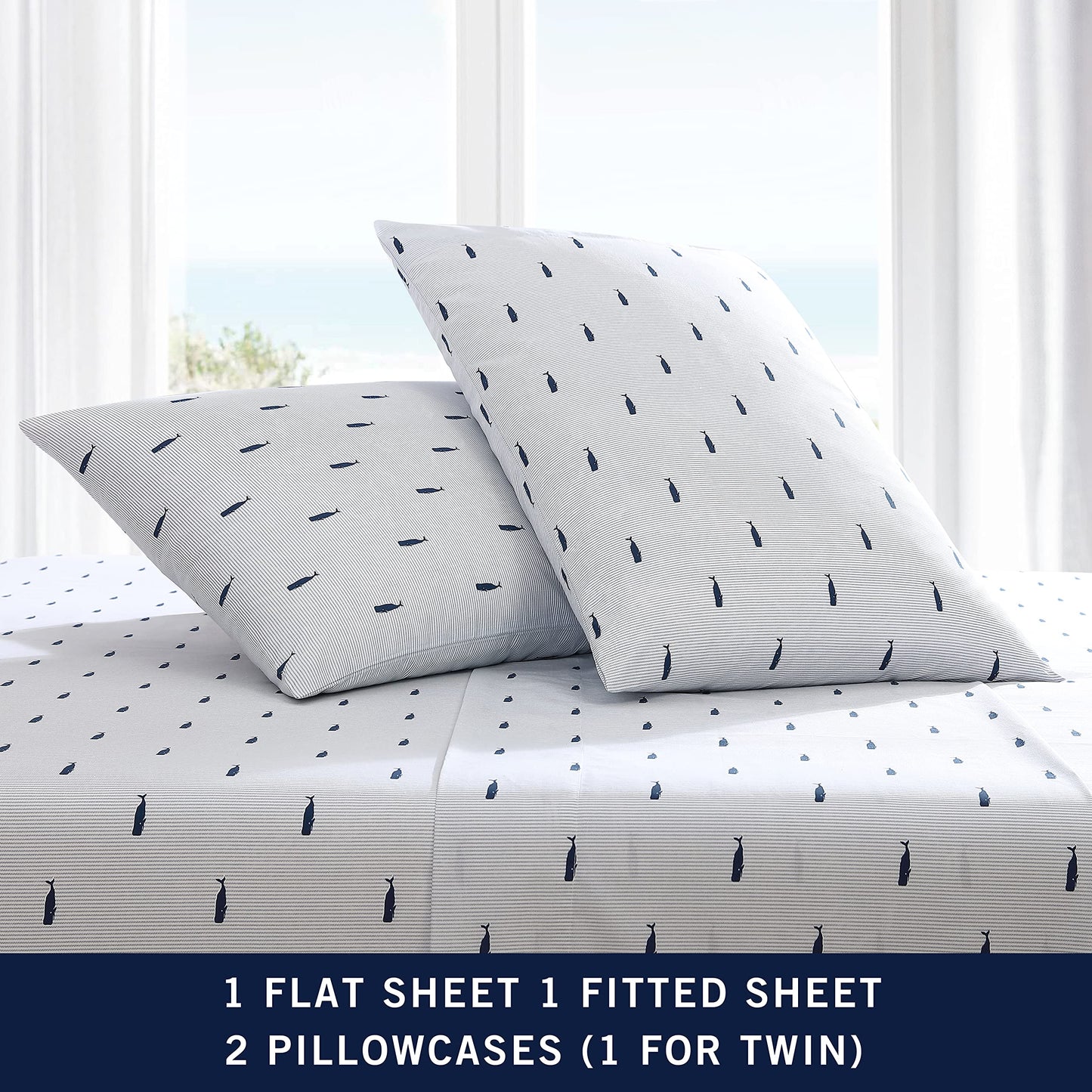Nautica - Queen Size Sheet Set, Crisp Cotton Percale Bedding with Matching Pillowcases, Fully Elastic Fitted Sheet, Deep Pocket, Nautical Room Decor, Breathable All-Season Comfort (Whale Stripe Blue)