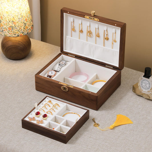 Black Walnut Wooden Jewelry Box with Lock, 2 Layer Natural Solid Wood Jewelry Organizer with Removable Tray, Velvet Lined Storage for Necklace Ring Earrings Watch Bracelet, Gifts for Mom Women Girl