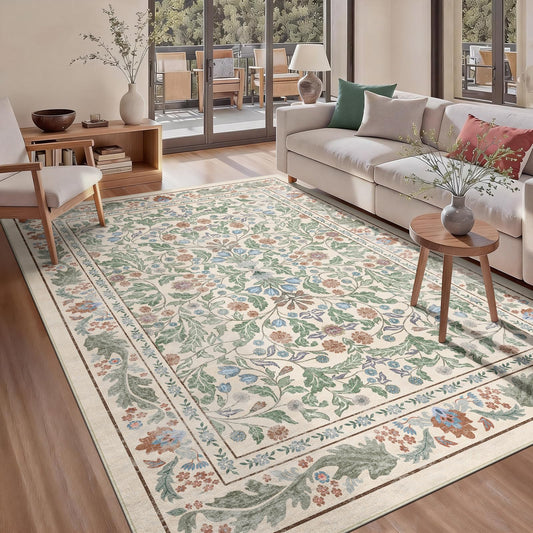 Floral 5x7 Area Rugs for Living Room, Machine Washable Vintage Rug Boho Low Pile Carpets Non Slip Soft Carpet for Farmhouse Bedroom Office Rugs, Kids Room, Nursery Room, Playroom, Beige