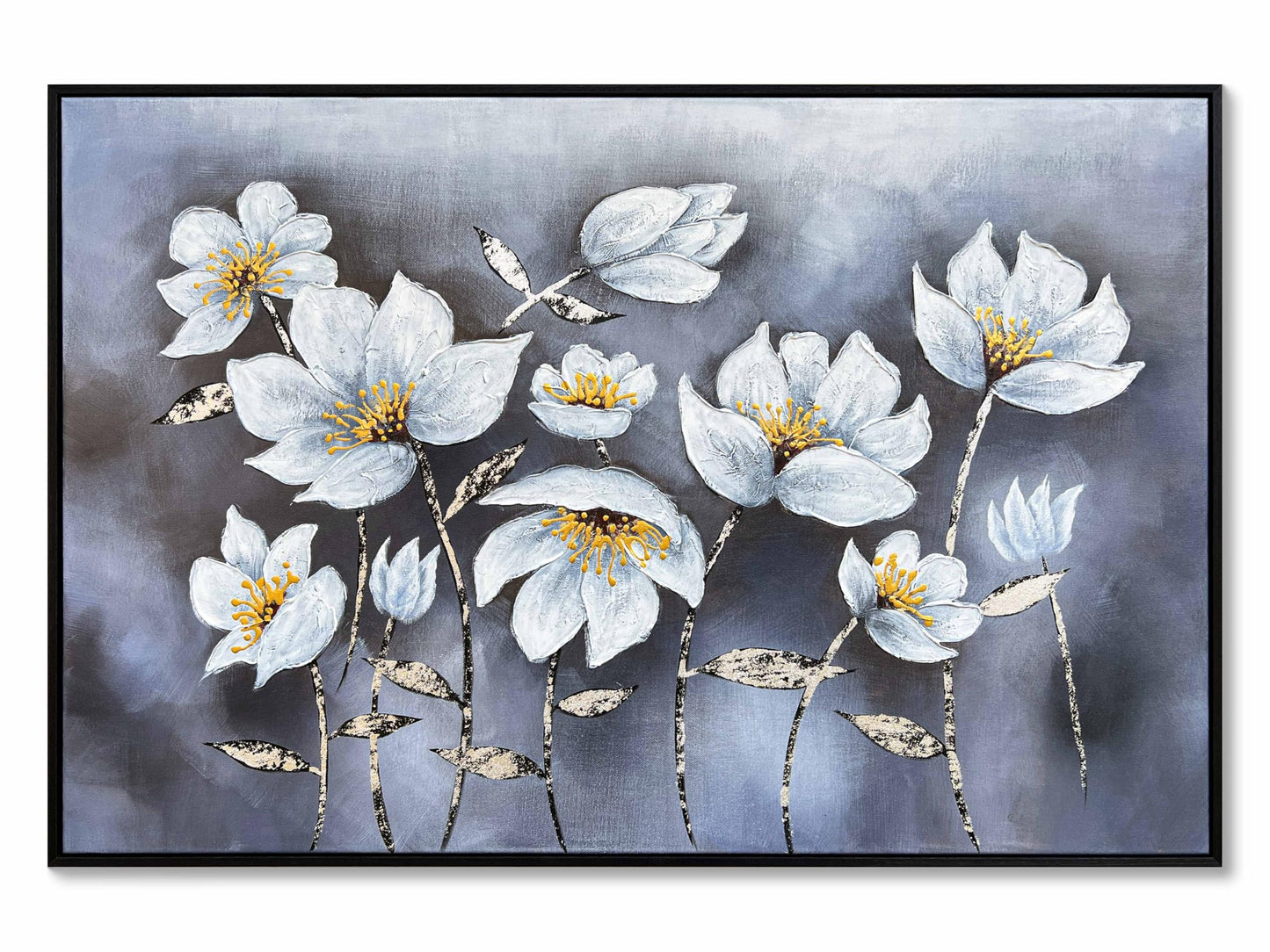 Eonzeun Hand Painted Textured White Floral Oil Painting, 24x36 Inch Wood Framed Canvas Wall Art, Modern Luxury Home Decor for Living Room Bedroom