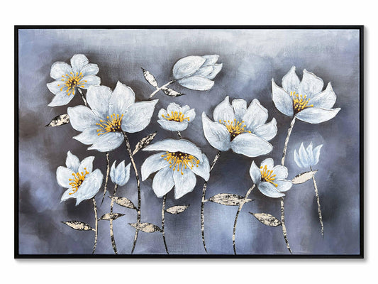 Eonzeun Hand Painted Textured White Floral Oil Painting, 24x36 Inch Wood Framed Canvas Wall Art, Modern Luxury Home Decor for Living Room Bedroom