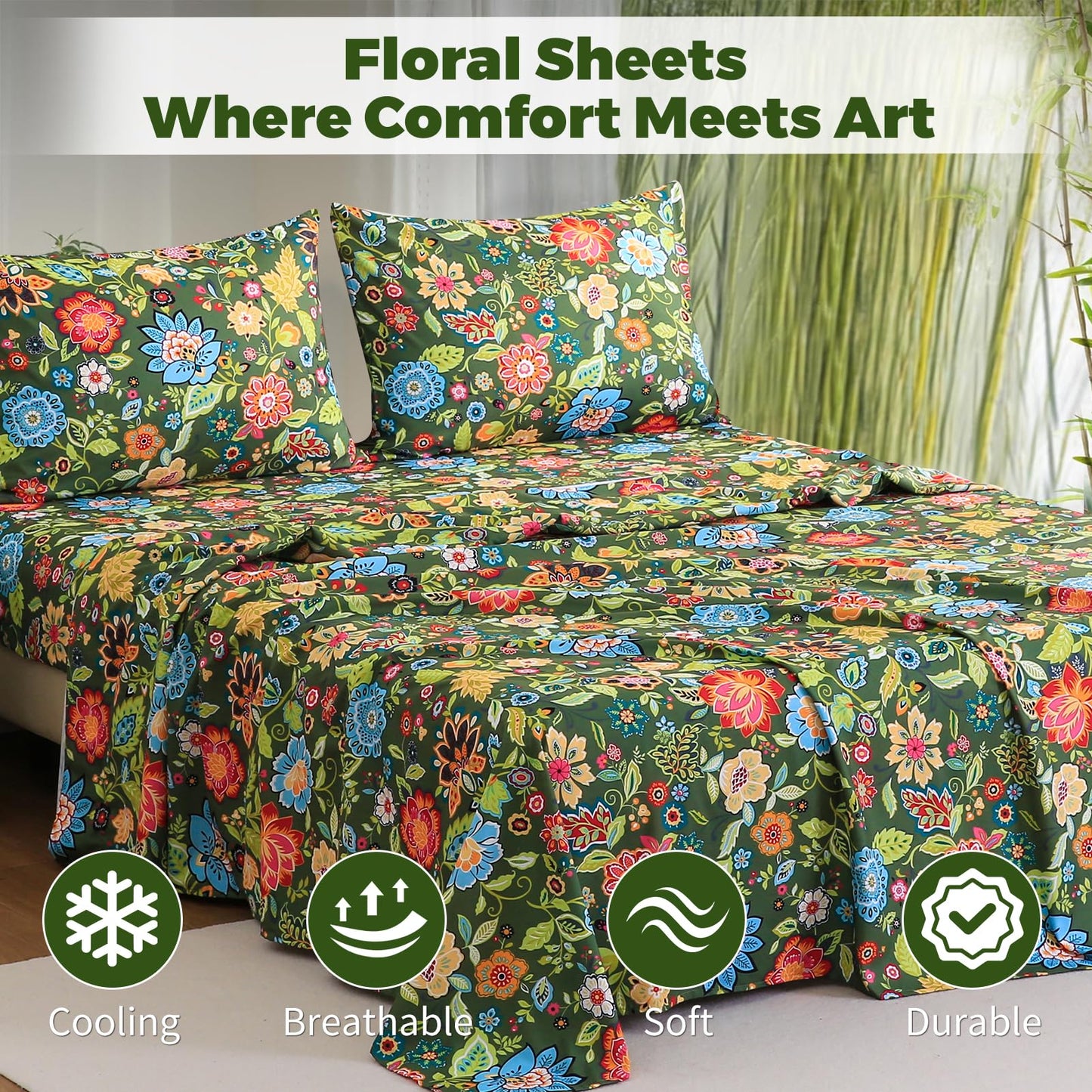 Bedlifes Extra Deep Pocket 18-24" Queen 4-Piece Sheet Set - Cooling Sheets Blend Rayon Derived from Bamboo Soft & Breathable Floral Dark Green