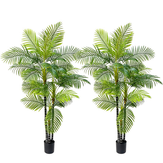 Joyplants 7FT Artificial Palm Tree Set of 2, UV Resistant Fake Areca Palm with Black Planter, Triple Trunk Large Silk Faux Palm Tree Indoor Outdoor House Office Poolside Decor