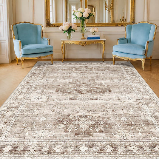Hazo Haus Washable Neutral Farmhouse Living Room Rug, 5x7 Area Rugs for Bedroom, Nursery Room, Boho Vintage Floral Non-Slip Rug Low Pile Stain Resistant (5x7 Beige/Latte)
