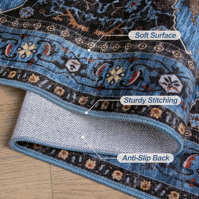 Tangsoo Blue 2x3 Washable Rugs for Entryway Oriental Non Slip Small Area Rug, Vintage Indoor Front Door Rug, Print Door Mat Indoor Entrance Soft Low Pile Throw Rug for Entry Kitchen Bedroom Blue/Black