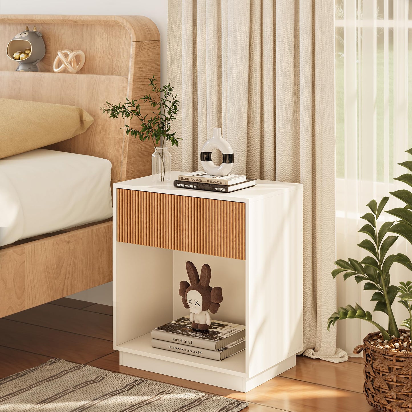 Fluted Nightstands Set of 2, Modern Bedside Table with Drawer and Storage Shelf, Wood End Table Mid Century Night Stands for Bedroom Living Room Sofa Couch Office (White+Oak)