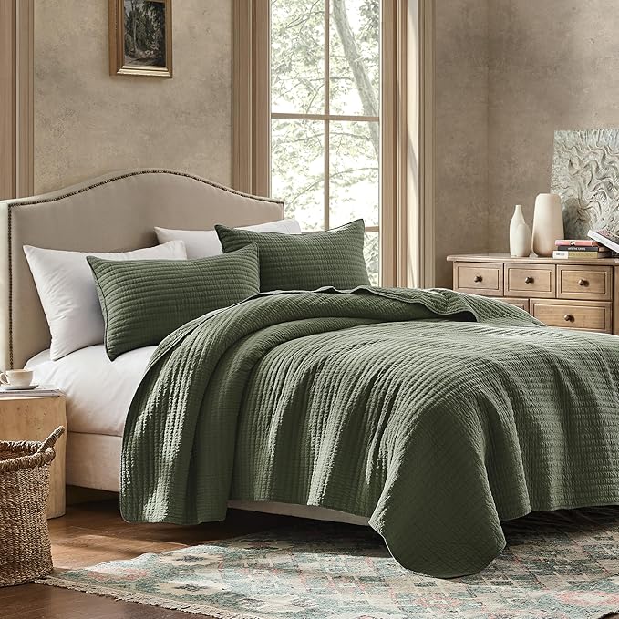 WDCOZY 100% Cotton Oversized King Size Quilt Set - Olive Green California Cal King Striped Pick Stitch Soft Lightweight Bedspread, Textured Like Linen, Farmhouse Country Rustic Coverlet, 3 Pieces