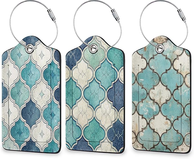 Blue Tiles Luggage Tags for Suitcase 3 Pack, Leather Bag Tags Identifiers with Privacy Name Address Labels and Durable Steel Loop for Men Women Backpack