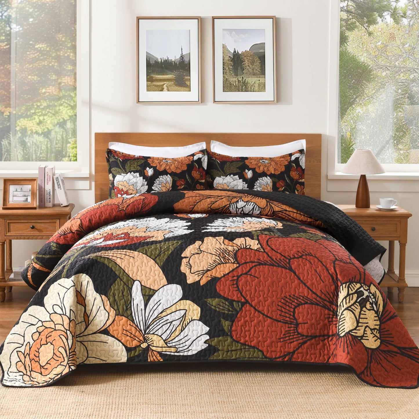 Andency Floral Boho Quilt King Size Bedding Set Black, 3 Pieces Farmhouse Flower Botanical Summer Bedspreads with 2 Shams, Soft Reversible Lightweight Polyester Coverlet Set for All Season, 106"x96"