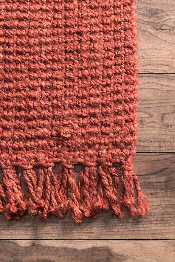 nuLOOM 4x6 Daniela Jute Tassel Hand Woven Area Rug, Brick, Solid Chunky Farmhouse Design, Natural Fiber, For Bedroom, Dining Room, Living Room, Hallway, Office, Entryway