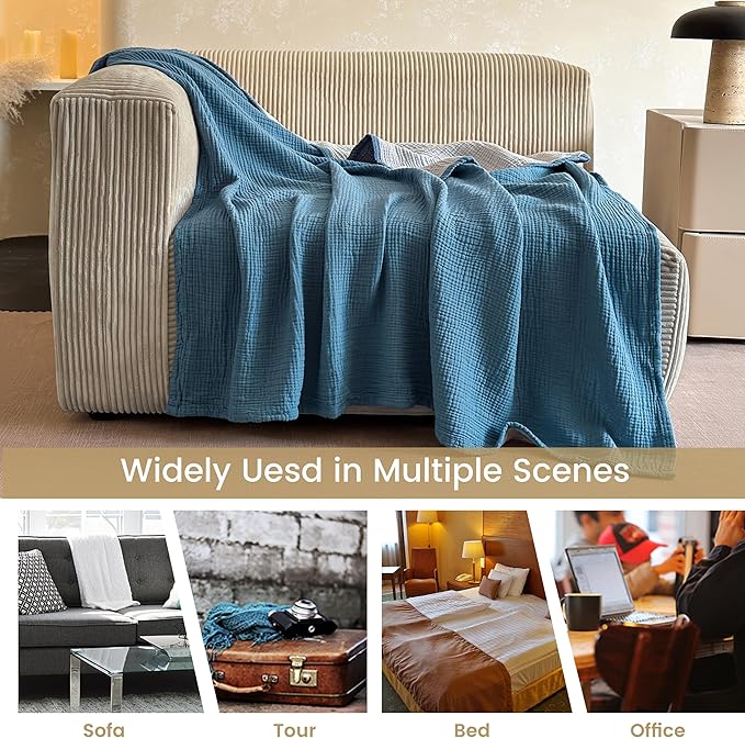 FALUCA Cotton Muslin Reversible Blanket King Size for Bed, Couch, Four Layers Blanket, Soft Lightweight Cozy Breathable Farmhouse Decoration for All-Season, Light Blue