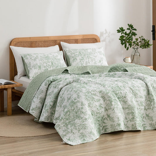 Wonderful Sage Green Floral Quilt Queen Size, Summer Cooling 3 Piece Cotton Vintage Farmhouse Bedding Set, Machine Washable Lightweight Soft Bed Cover for All Season