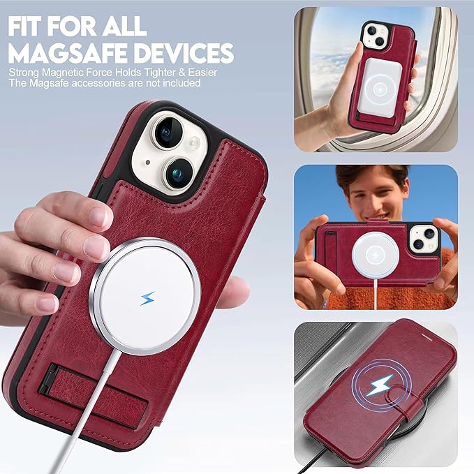 CIVICASE for iPhone 15 Wallet Case with Stand,PU Leather Flip Credit Card Holder Slots (RFID Blocking),Compatible with Magsafe Magnetic Holder Phone Cover Women Men, Wine Red