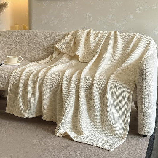 FALUCA Cotton Muslin Reversible Blanket 50x60 Inches for Bed, Couch, Four Layers Blanket, Soft Lightweight Cozy Breathable Farmhouse Decoration for All-Season, Beige
