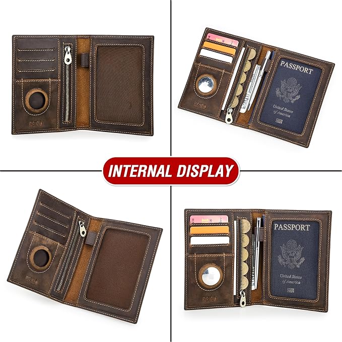 Top Grain Leather Single Travel Passport Wallet Embossing Badge for Unisex, Folio Design for Passport & Multi Cards, RFID Blocking for Passport/Cards/Checks/Bills/AirTag, Coffee Default, CA