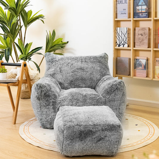 Cvortll Bean Bag Chair with Ottoman, Armrest Bean Bag Chairs with Filler, Ultra Soft Fluffy Faux Fur Bean Bag Chair with Foot Rest, Plush Lazy Sofa with Foot Stool for Living Room, Dorm