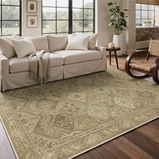 Bavni 5x7 Area Rugs for Living Room, Machine Washable Rug Non Slip, Vintage Chenille Distressed Print Carpet, Large Low Pile Ultra-Thin Lightweight Rugs for Bedroom, Dining Room, Office, Nut Brown