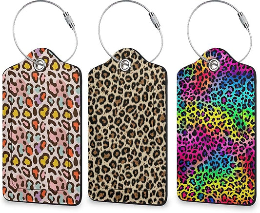 Leopard Pattern 3 Pack Luggage Tag for Suitcase, Unique Leather Travel Tags Identifiers with Privacy Name Address Labels & Durable Steel Loop for Women Men Travel