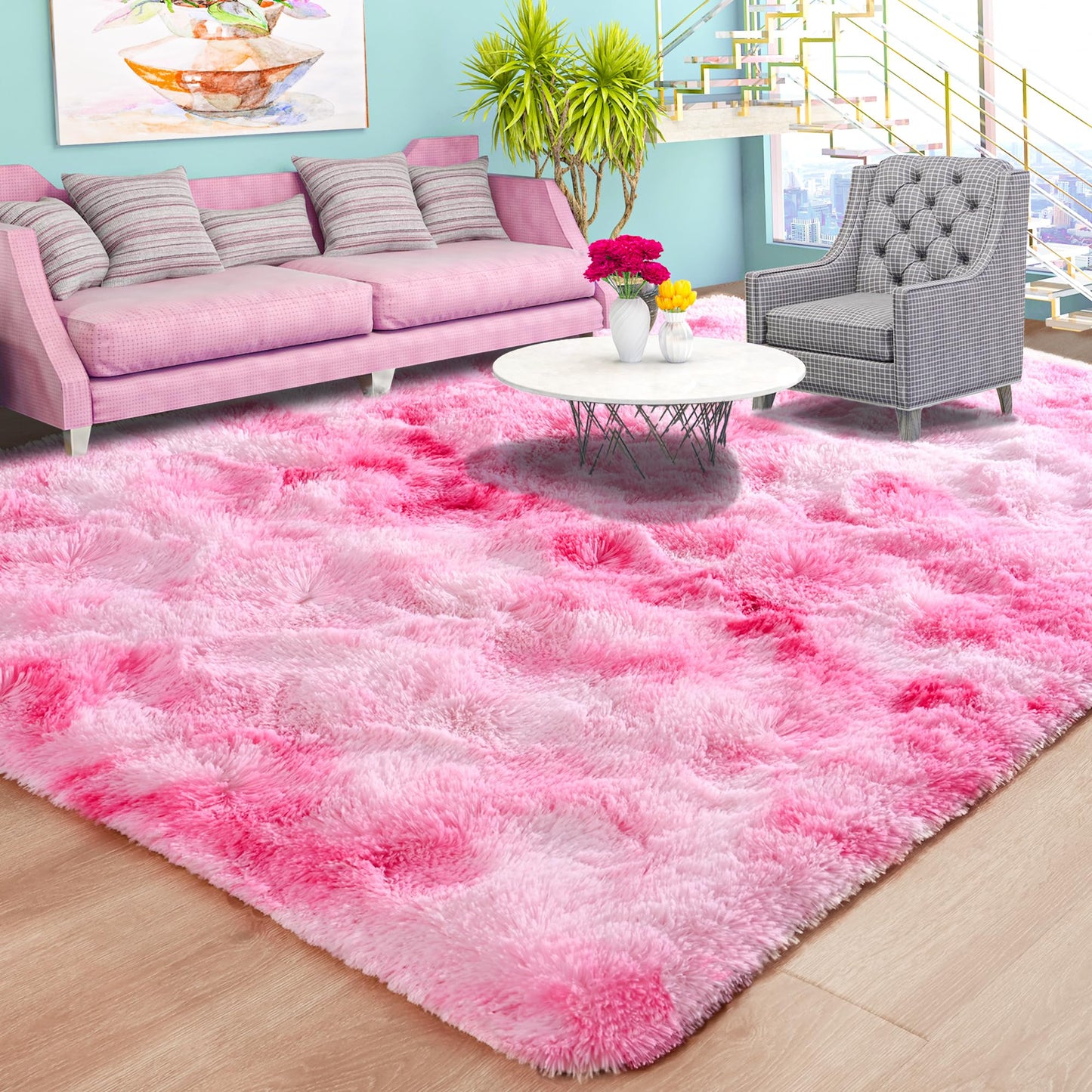 Foxmas Soft Fluffy Area Rugs for Bedroom Kids Room Plush Shaggy Nursery Rug Furry Throw Carpets for Boys Girls, College Dorm Fuzzy Rugs Living Room Home Decorate Rug, 3ft x 5ft, Tie-Dyed Pink