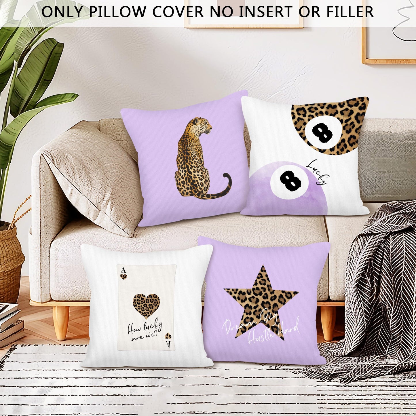SYLLHRZGB Preppy Purple Cheetah Print Leopard Throw Pillow Covers 18x18 Set of 4, Funky 8 Ball Decor Decorative Pillow Cover Cases, Trendy Y2k Decor Cushion Cover Pillowcases for Couch Bedroom Dorm