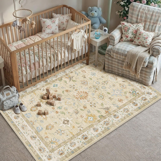 HUGEAR Area Rug 5x7 Vintage Beige Machine Washable Living Room Rugs Distressed Retro Floral Vacuumable Low Pile Carpet Bedroom Office Dining Farmhouse Playroom Non Slip