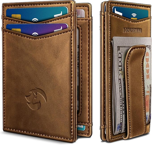 Housmai Magnetic Closure Slim Wallet for Men with Money Clip Gift Boxed,Genuine Leather Front Pocket Wallet, 3.9"x 2.7", RFID Blocking
