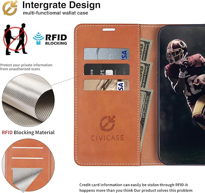 CIVICASE for iPhone 16 Pro Wallet Case,PU Leather Flip Case RFID Blocking Credit Card Holder Folio Magnetic Stand TPU Shockproof Cover Compatible with iPhone 16 Pro, Brown