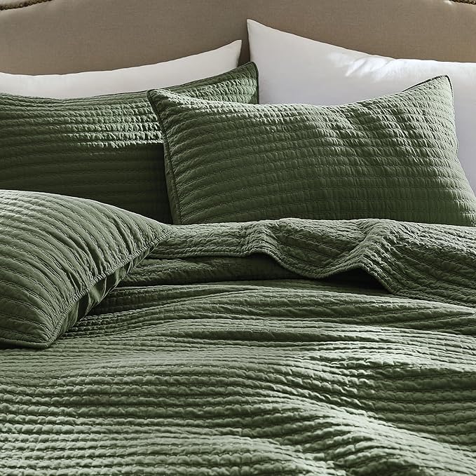WDCOZY 100% Cotton Oversized King Size Quilt Set - Olive Green California Cal King Striped Pick Stitch Soft Lightweight Bedspread, Textured Like Linen, Farmhouse Country Rustic Coverlet, 3 Pieces