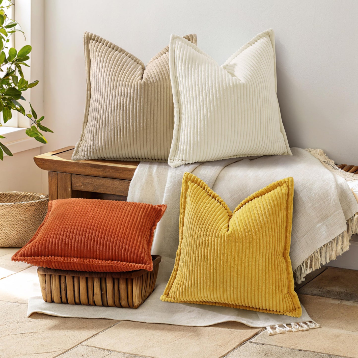 decorUhome Summer Corduroy Cream White Euro Sham Throw Pillow Covers 24x24 Set of 2 Decorative Soft Boho Farmhouse Couch Pillow Covers for Living Room Bed Sofa Broadside Striped Pillow Cases