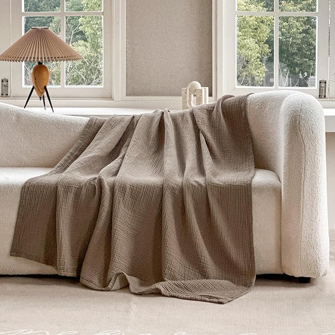 FALUCA Cotton Muslin Reversible Blanket King Size for Bed, Couch, Four Layers Blanket, Soft Lightweight Cozy Breathable Farmhouse Decoration for All-Season, Brown