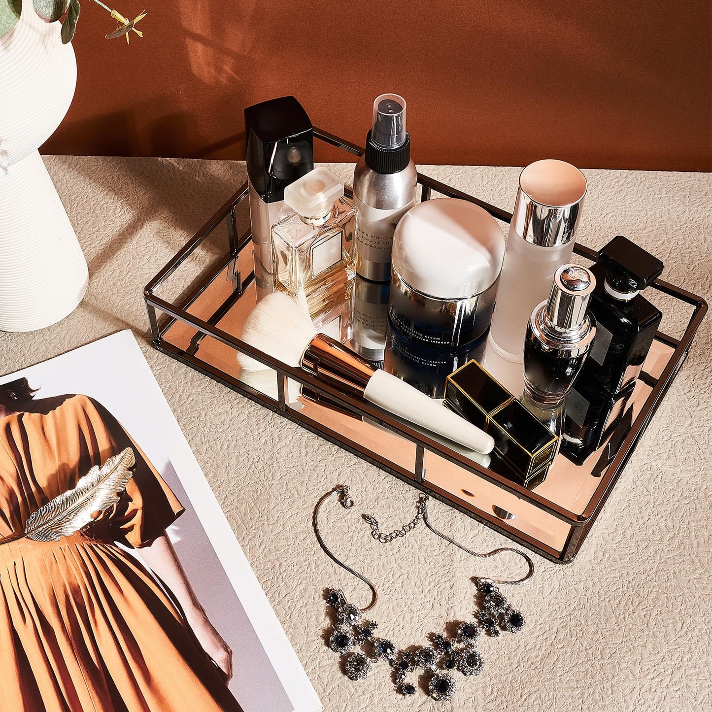 PuTwo Mirror, Smoky Black, Metal, Jewelry, Decorative, Glass, Perfume Organizer, Vanity Trays for Bathroom, Counter, 1272 inch