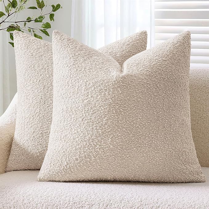ANRODUO Pack of 2 Textured Boucle Throw Pillow Covers Soft Beige Decorative Accent Solid Pillow Cases Cozy Modern Couch Cushion Case for Chair Sofa Bedroom Living Room Spring Home Decor, 20 x 20 Inch