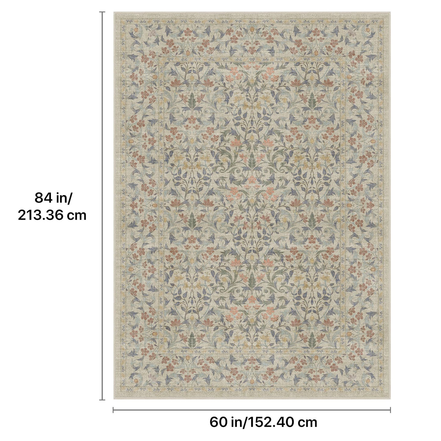 GENIMO 5x7 Washable Area Rug, Non-Slip Vintage Boho Floral Carpet, Soft Low-Pile Thin Bedroom Rug for Living Room, Dining Room, Nursery, Beige Blue
