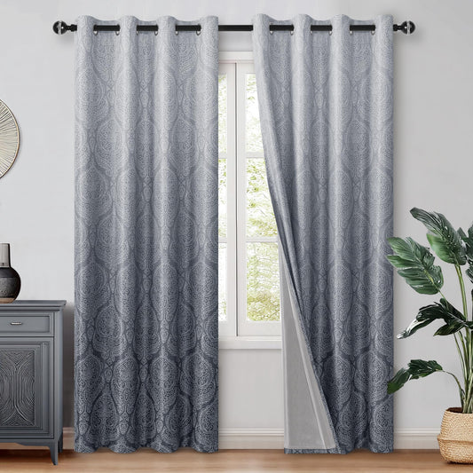 DWCN Grey 100% Blackout Curtains for Bedroom 84 Inch Long - Double Layers Damask Patterned Ombre Thermal Insulated Energy Saving Drapes for Living Room, Gradient Window Curtain 2 Panels, 52 x 84 Inch