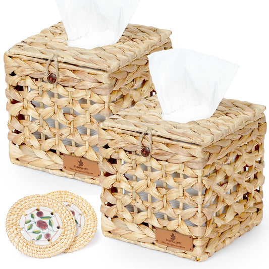 DaviGreen Tissue Box Cover Square 5.9” Set of 2, Handwoven Water Hyacinth Tissue Box Cover, Natural Woven Decorative Cover, Fits Standard Tissue Boxes, Easy One-Hand Pull.