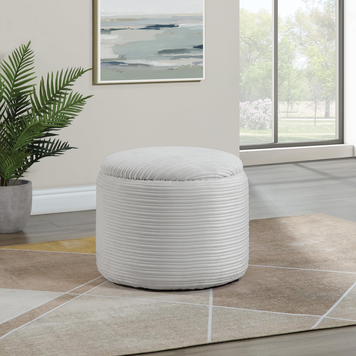OSP Home Furnishings Brayfield Round Upholstered Storage Ottoman, Taupe Cord Fabric