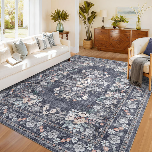 GarveeHome 5x7 Vintage Area Rug for Dining Room Botanical Boho Accent Carpets Machine Washable Flower Bordered Floor Cover Mats Non-Slip Low Pile Vintage Floral Rugs for Living Room Bedroom Blue
