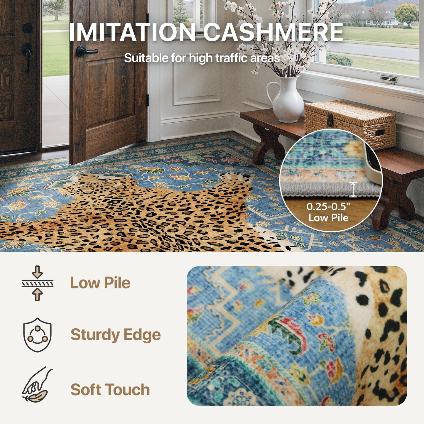 Bavni 5x7 Leopard Rug, Machine Washable Cheetah Animal Print Low Pile Boho Woodland Jungle Carpet, Non-Slip Non-Shedding Pet Friendly Rug for Living Room Playroom Bedroom Entryway, Blue