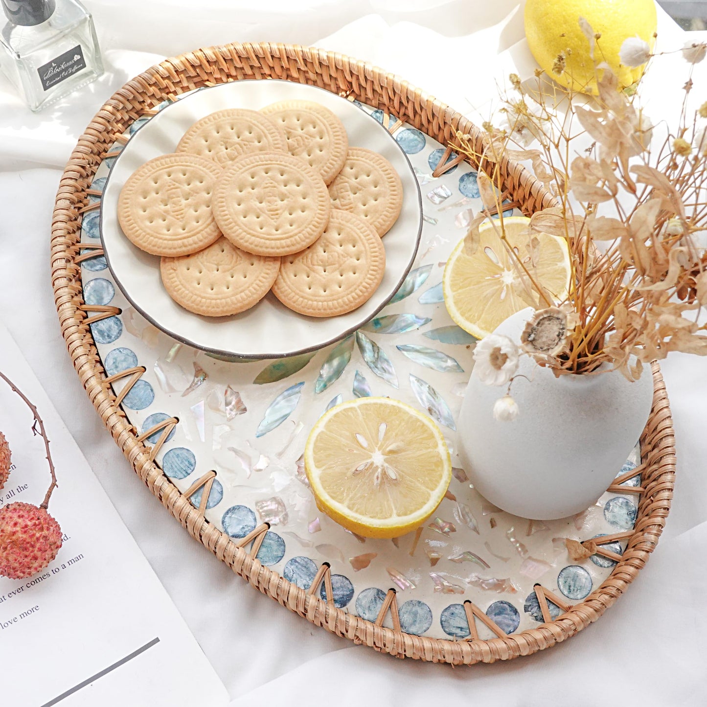 13 Inch Decor Tray for Coffee Table Mother of Pearl Inlay Serving Tray for Ottoman Wicker Centerpiece Decorative Tray for Candle Holder, Flower, Fruit, Bread (Medium)