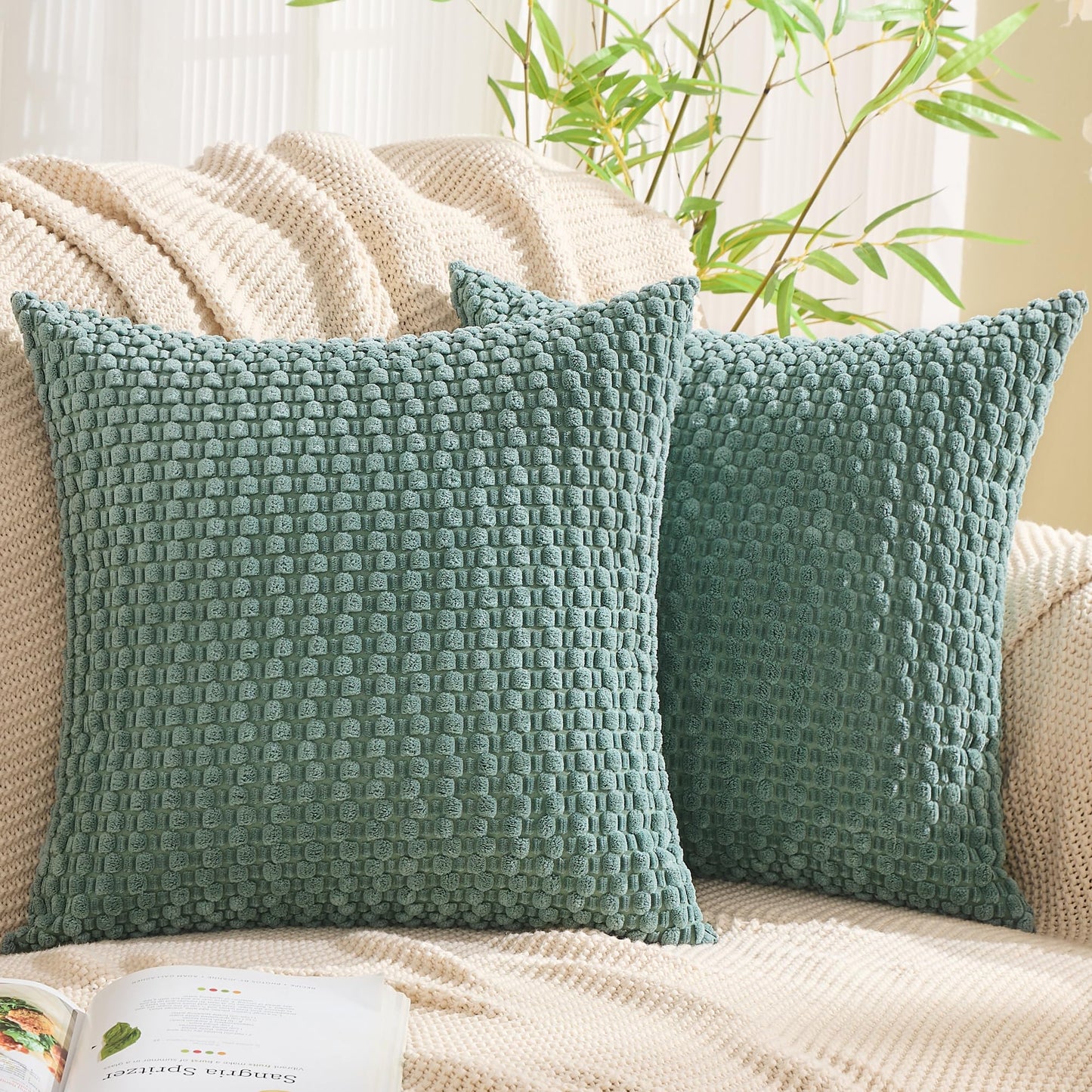 GAWAMAY Decorative Throw Pillow Covers 18x18 Inch Set of 2 for Living Room Couch Bed Sofa, Farmhouse Square Cushion Cover Soft Striped Corduroy Pillow Cases Boho Accent Home Decor (45x45cm) Blue Green
