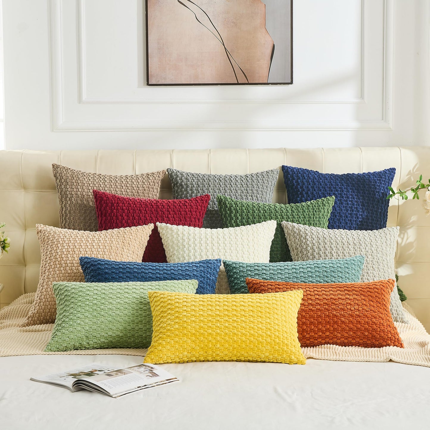GAWAMAY Decorative Throw Pillow Covers 24x24 Inch Set of 2 for Living Room Couch Bed Sofa, Farmhouse Square Cushion Cover Soft Striped Corduroy Pillow Cases Boho Home Decor (60x60cm) Cream White