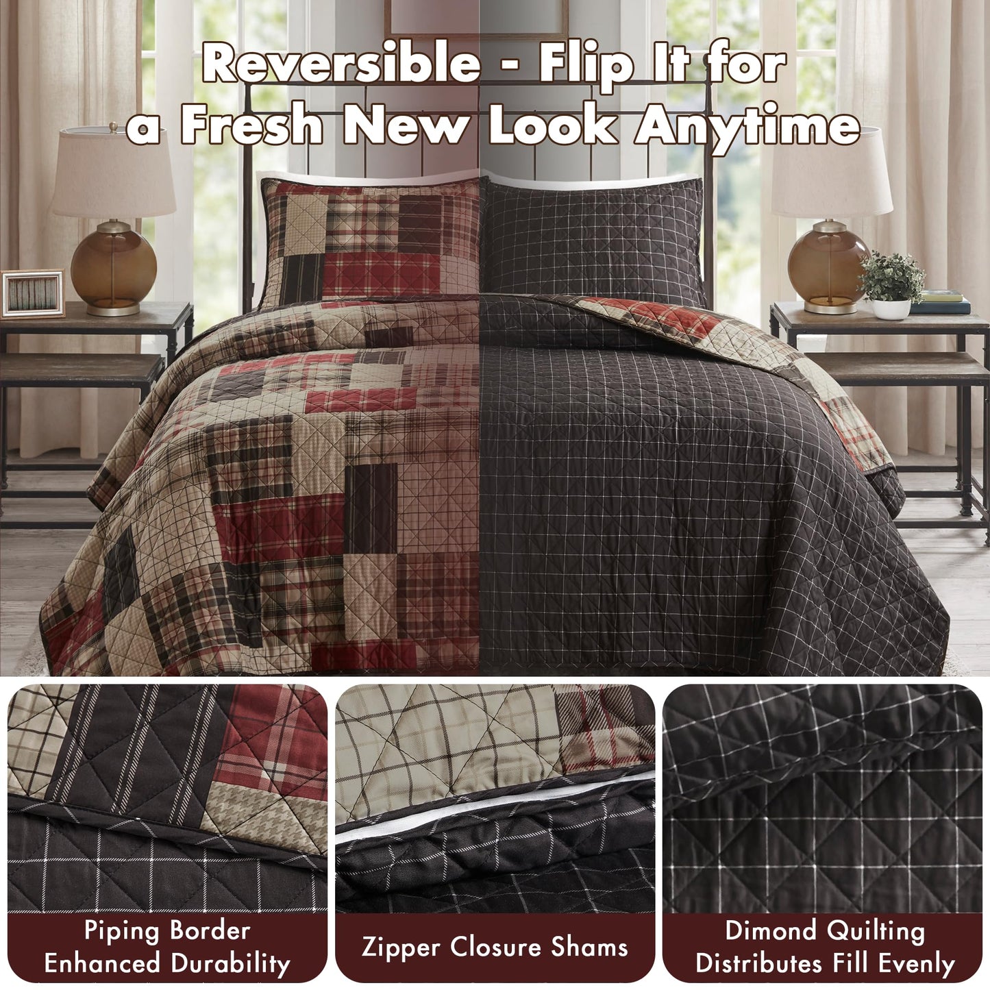 Madison Park Queen Quilt Set Patchwork Farmhouse, Diamond Quilting Reversible Coverlet Set for Queen Size Bed, Plush Cotton Filled Quilt Set Queen Size, Shams Full/Queen Red/Black 3 Piece